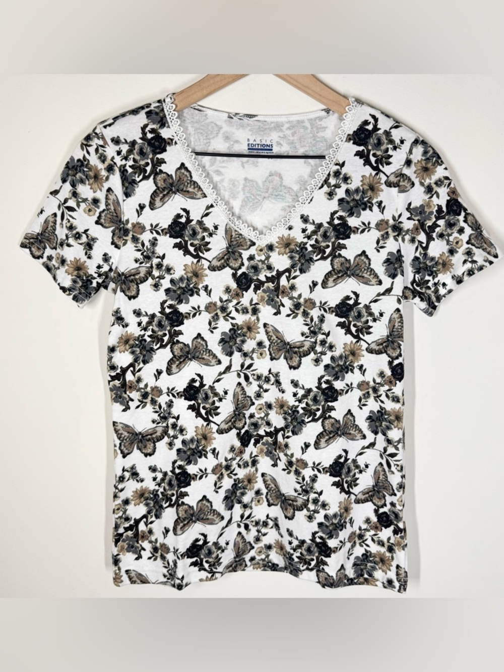 90s Vintage Basic Editions Lace V-Neck Tee Size S Floral Butterfly Deadstock